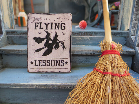 Witch's broomstick and free flying lessons sign